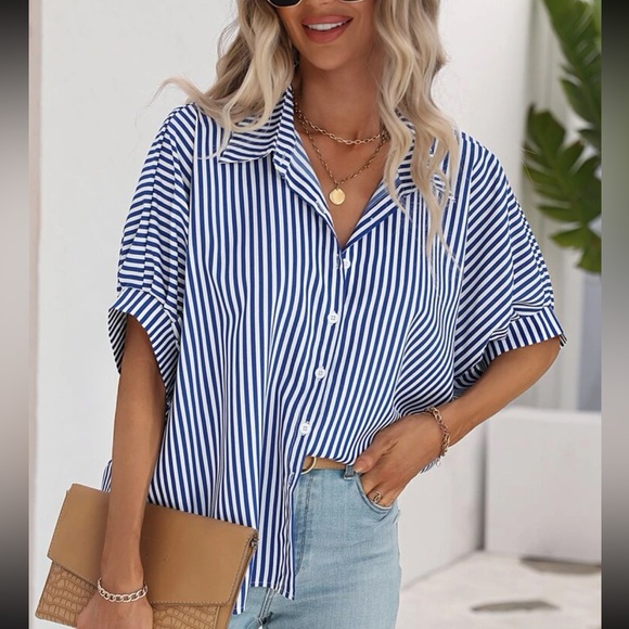 Classic Oversized Loose Fit Stripe Batwing Sleeve Button Down Shirt Top - Picture 12 of 14